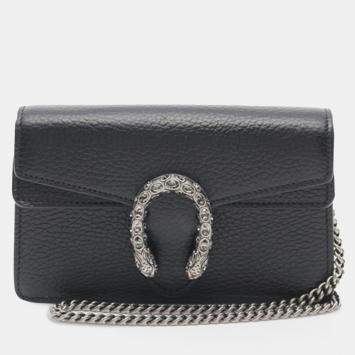 Pre Owned Gucci Black Super Mini Dionysus Leather Crossbody Bag