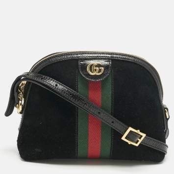 Pre Owned Gucci Black Suede and Patent Leather Small Ophidia Dome Crossbody Bag