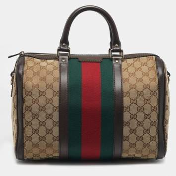Pre Owned Gucci Beige/Brown GG Canvas and Leather Medium Vintage Web Boston Bag