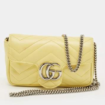 Pre Owned Gucci Yellow Matelassé Leather Super Mini GG Marmont Shoulder Bag