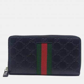 Pre Owned Gucci Black Leather Cimaline Web Long Wallet