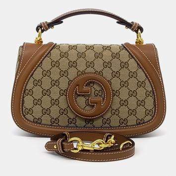 Pre Owned Gucci Beige Brown Canvas and Leather Blondie Medium Top Handle Bag