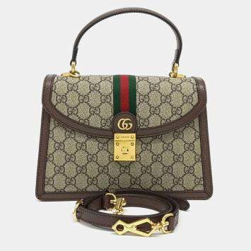 Pre Owned Gucci Beige Brown Canvas and Leather Ophidia Top Handle Bag