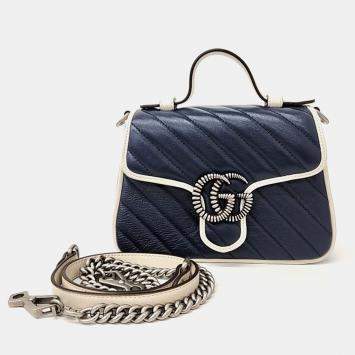 Pre Owned Gucci Navy Blue Leather GG Marmont Mini Top Handle Bag