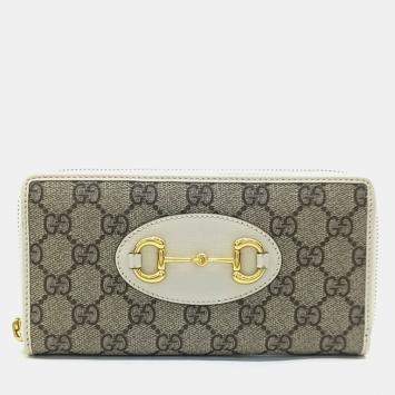 Pre Owned Gucci Beige White Canvas Horsebit Long Wallet