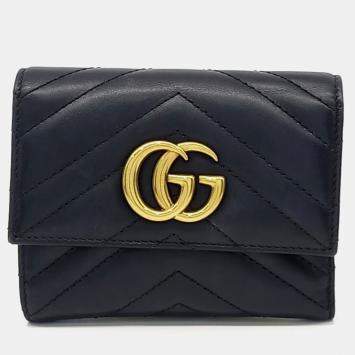 Pre Owned Gucci Black Leather Marmont Chevron Medium Wallet