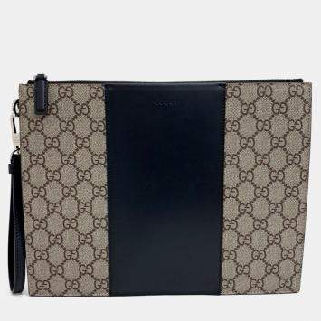 Pre Owned Gucci Beige/Black Canvas GG Supreme Clutch