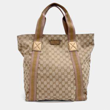 Pre Owned Gucci Beige Canvas Jacquard Tricolor Tote Bag