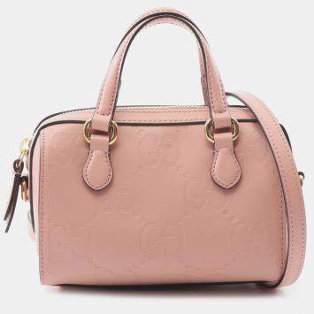 Pre Owned Gucci Pink Super Mini Jumbo GG Embossed Leather Gilbert Top Handle Bag