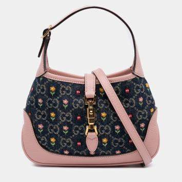 Pre Owned Gucci Beige Blue Limited Edition Mini GG Denim Embroidered Floral Jackie 1961 Crossbody