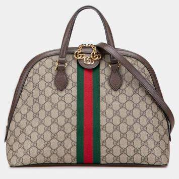 Pre Owned Gucci Beige Brown Medium GG Supreme Ophidia Web Satchel