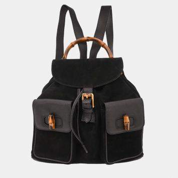 Pre Owned Gucci Black Suede Bamboo Backpack