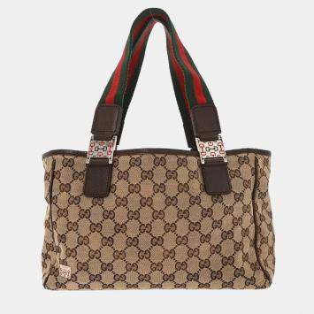 Pre Owned Gucci Beige Canvas GG Sherry Line Tote Handbag