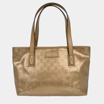 Pre Owned Gucci Gold Coated Canvas Leather GG Tote Handbag