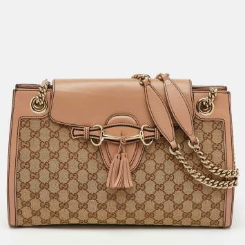 Pre Owned Gucci Beige/Pink GG Canvas and Leather Large Emily Chain Shoulder Bag