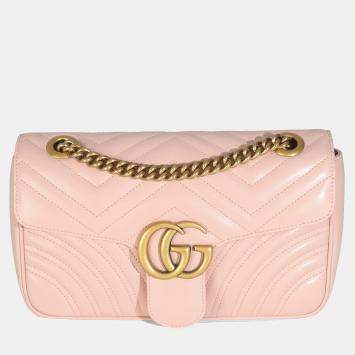 Pre Owned Gucci Pink Calfskin Matelasse Small GG Marmont Shoulder Bag