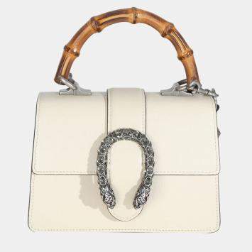 Pre Owned Gucci Mystic White Textured Calfskin Crystal Bamboo Web Mini Dionysus Top Handle