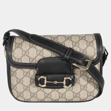 Pre Owned Gucci Black Beige GG Supreme Monogram Mini Horsebit 1955 Shoulder Bag