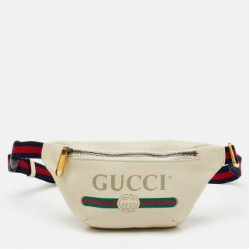 Pre Owned Gucci Off White Leather Small Logo Web Belt Bag