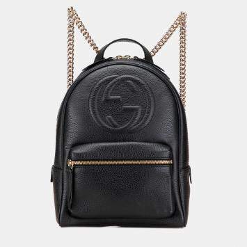 Pre Owned Gucci Black Pebbled Calfskin Soho Chain Backpack