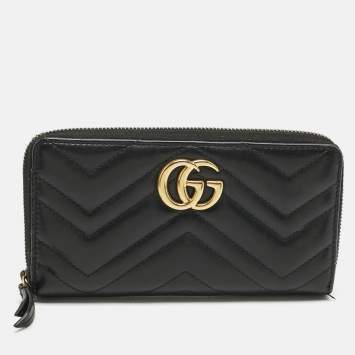 Pre Owned Gucci Black Matelassé Leather GG Marmont Continental Wallet