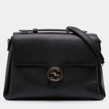 Pre Owned Gucci Black Medium Dollar Calf Interlocking G Satchel