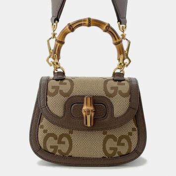 Pre Owned Gucci Bamboo 1947 Jumbo Gg Top Handle Bag Beige/Brown Canvas Leather Size Mini