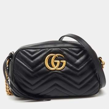 Pre Owned Gucci Black Matelassé Leather Small GG Marmont Camera Bag