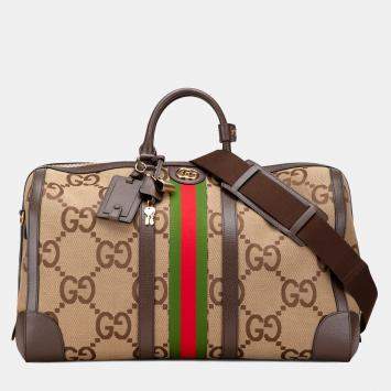 Pre Owned Gucci Brown Large Jumbo GG Canvas Web Duffle Bag
