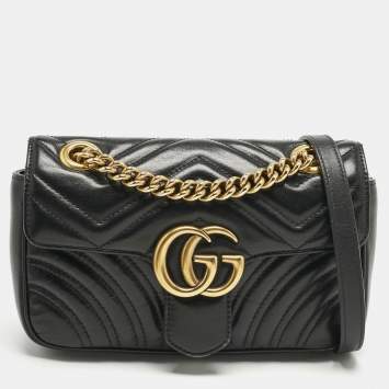 Pre Owned Gucci Black Matelassé Leather Mini GG Marmont Shoulder Bag