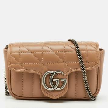 Pre Owned Gucci Beige Matelassé Leather Super Mini GG Marmont Shoulder Bag