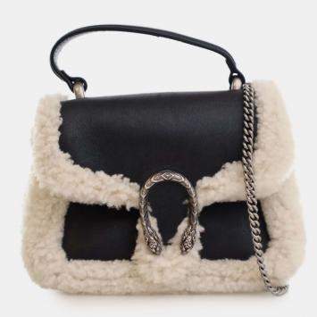 Pre Owned Gucci Black Mini Leather and Shearling Dionysus Top Handle Bag