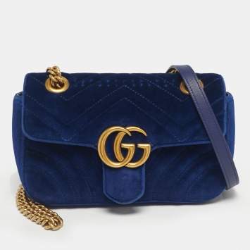 Pre Owned Gucci Blue Matelassé Velvet Mini GG Marmont Shoulder Bag