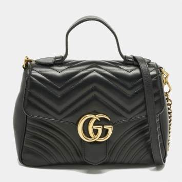 Pre Owned Gucci Black Matelasse Leather Medium GG Marmont Top Handle Bag