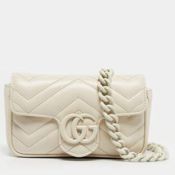 Pre Owned Gucci White Matelasse Leather Monochrome GG Marmont Chain Belt Bag 