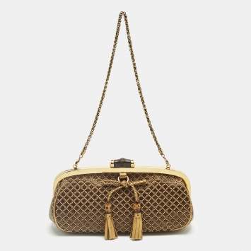 Pre Owned Gucci Gold/Brown Diamond Fabric Bamboo Frame Chain Clutch