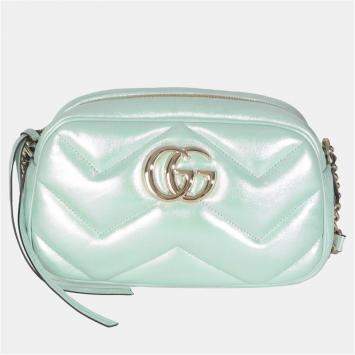 Pre Owned Gucci Salvy Green Iridescent Nappa Chevron Matelasse Small GG Marmont Chain Bag