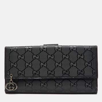 Pre Owned Gucci Black GG Imprime Canvas and Leather Bifold Long Wallet