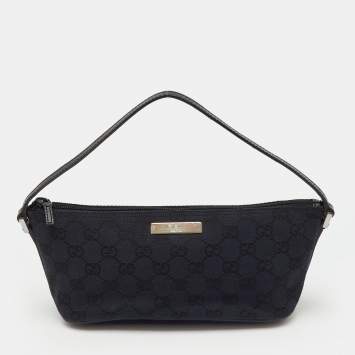 Pre Owned Gucci Navy Blue/Black GG Canvas and Leather Boat Pochette Bag
