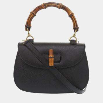 Pre Owned Gucci Bamboo Leather Black Handbag
