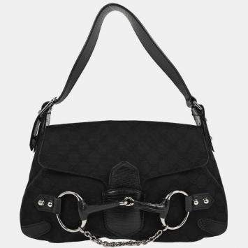 Pre Owned Gucci Black Horsebit GG Handbag
