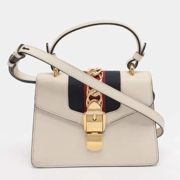 Pre Owned Gucci White Leather Mini Web Sylvie Top Handle Bag