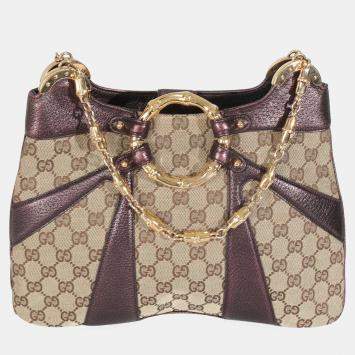 Pre Owned Gucci Tom Ford Metallic Purple Beige Monogram Bamboo Chain Shoulder Bag