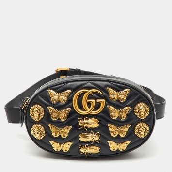 Pre Owned Gucci Black Leather Animal Studs GG Marmont Belt Bag