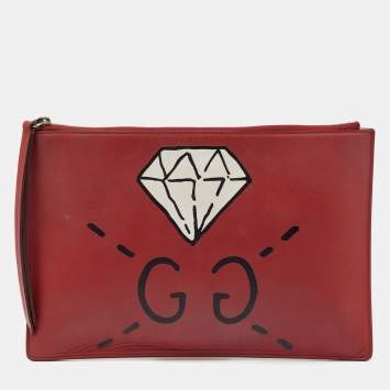 Pre Owned Gucci Red Leather Ghost Diamond Print Zip Pouch Clutch