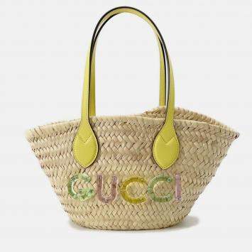 Pre Owned Gucci Logo Basket Bag Yellow/Natural Straw Leather