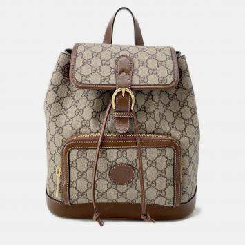 Pre Owned Gucci Interlocking G GG Supreme Backpack Beige/Brown Pvc Leather