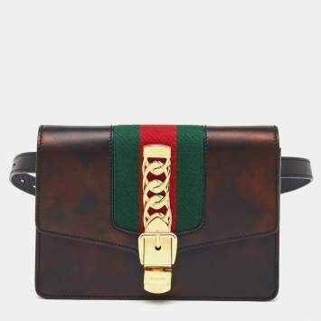 Pre Owned Gucci Black Leather Web Chain Sylvie Belt Bag