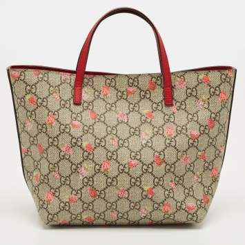 Pre Owned Gucci Red/Beige GG Supreme Canvas and Leather Girl's Ladybug Tote