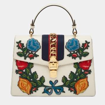 Pre Owned Gucci White Leather Floral Embroidered Medium Sylvie Top Handle Bag